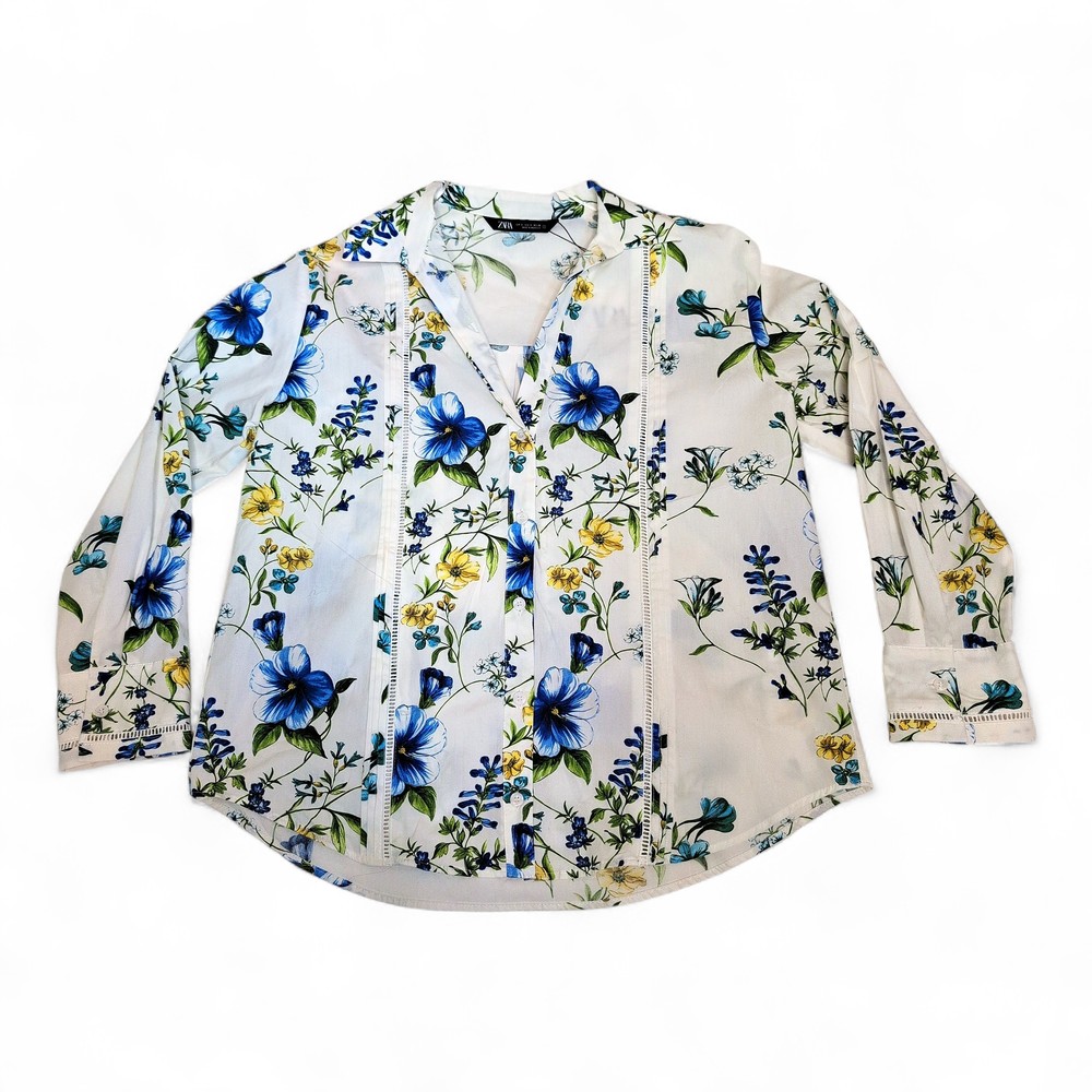 Zara White Floral V-Neck Tunic Blouse - Size S